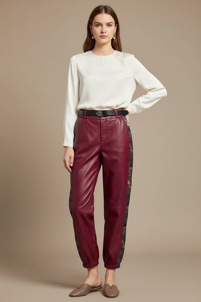 Pantalon Chinois Bordeaux Cuir Imprimé Ample Femme