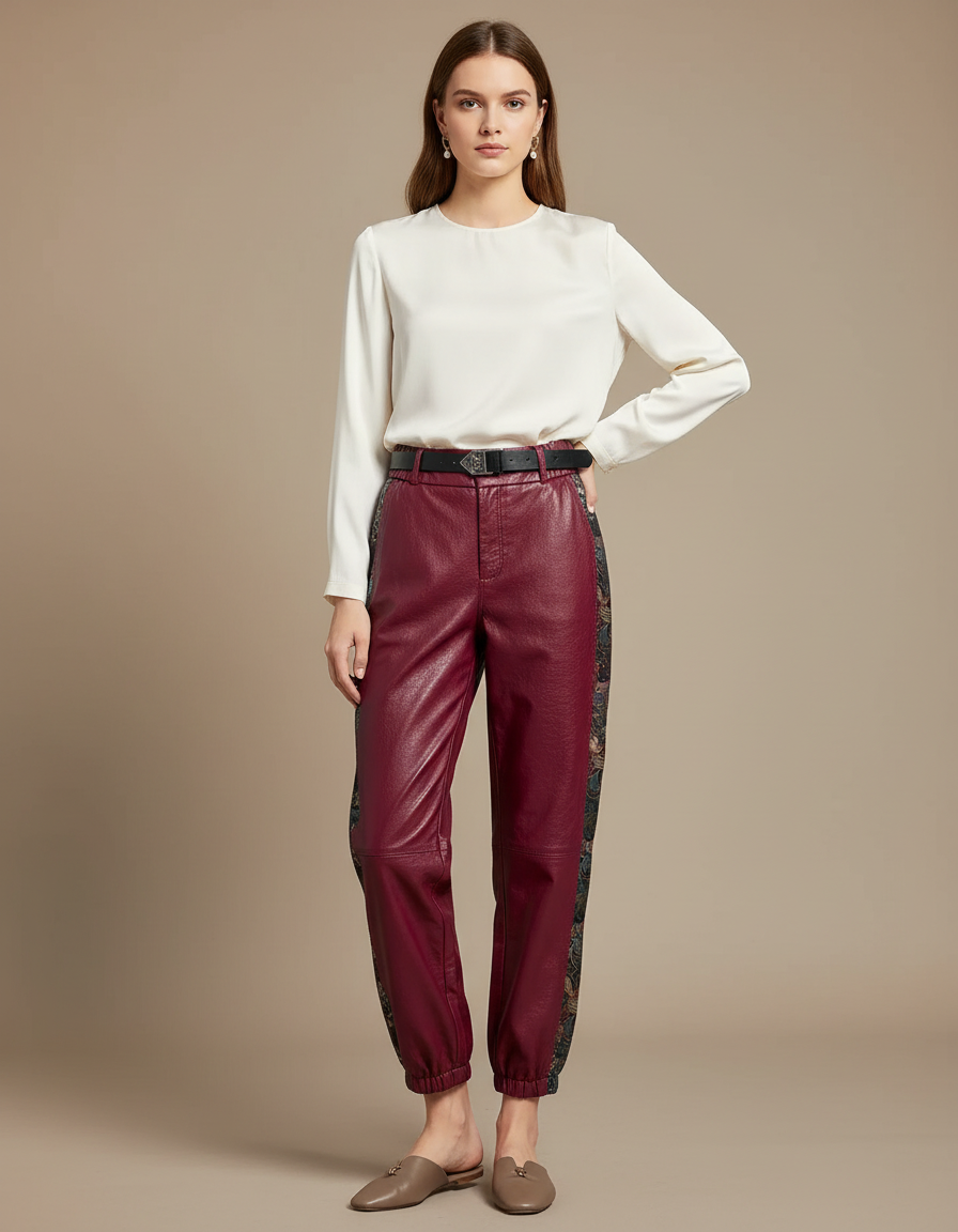 Pantalon Chinois Bordeaux Cuir Imprimé Ample Femme
