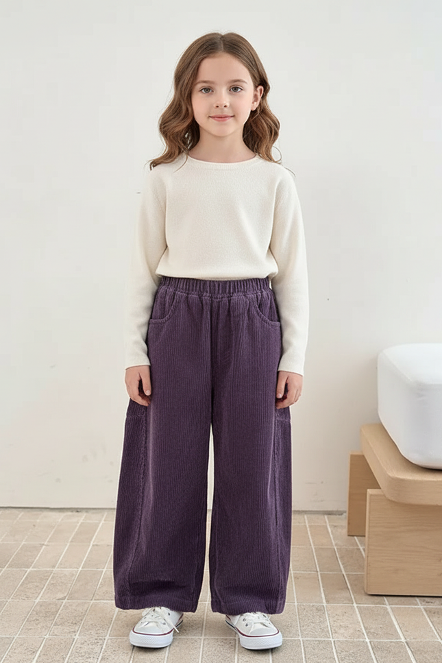 Pantalon Chinois Violet Côtelé Ample Décontracté Enfant - Cordé