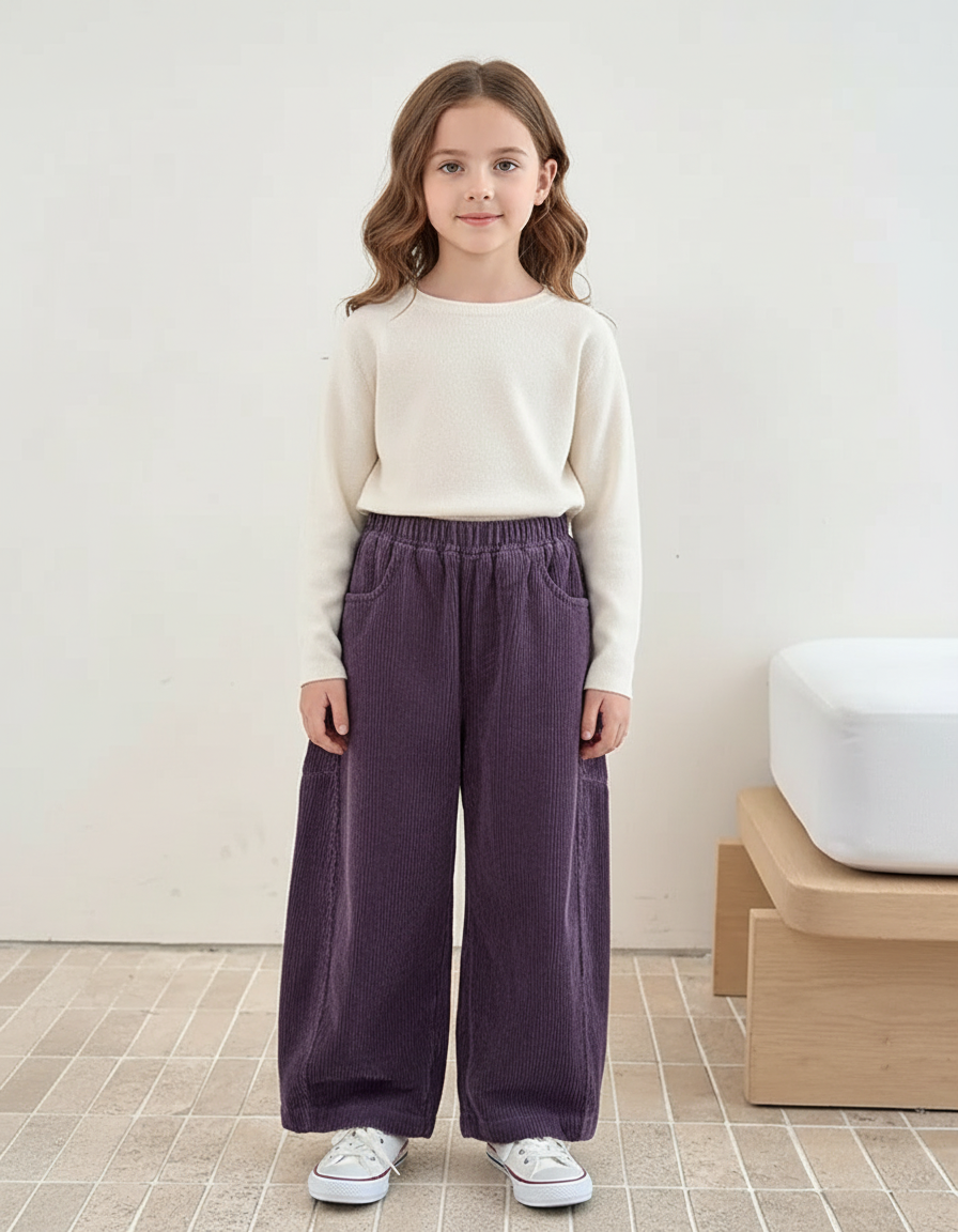 Pantalon Chinois Violet Côtelé Ample Décontracté Enfant - Cordé