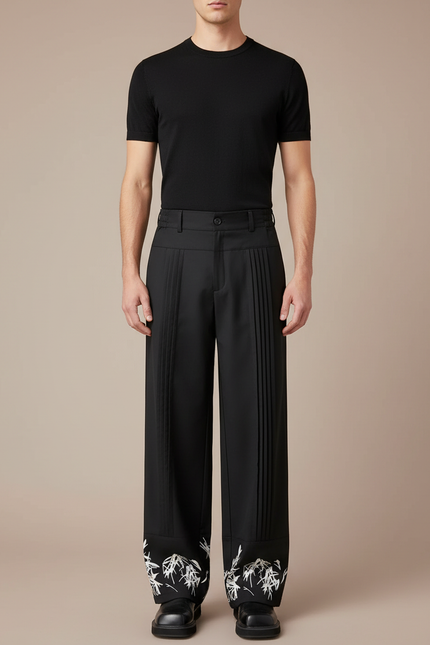 Pantalon Chinois Noir Plissé Brodé Ample Décontracté Homme - Polyester