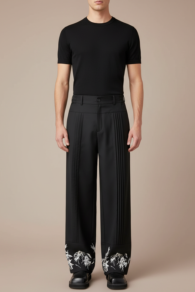 Pantalon Chinois Noir Plissé Brodé Ample Décontracté Homme - Polyester