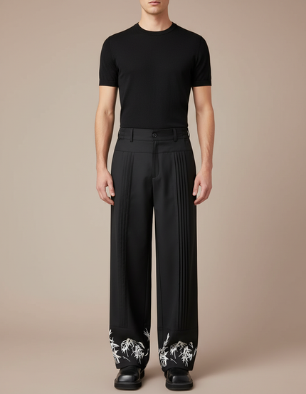 Pantalon Chinois Noir Plissé Brodé Ample Décontracté Homme - Polyester