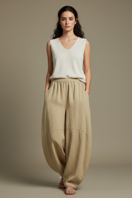 Pantalon Chinois Beige Lin Ample Confortable Femme