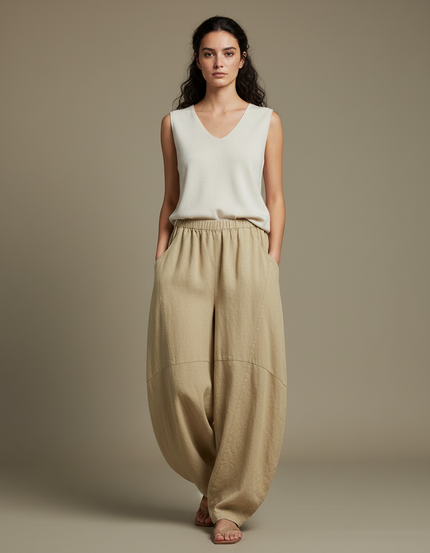 Pantalon Chinois Beige Lin Ample Confortable Femme