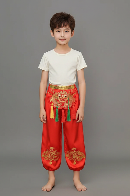Pantalon Chinois Rouge Brodé Satiné Ample Enfant