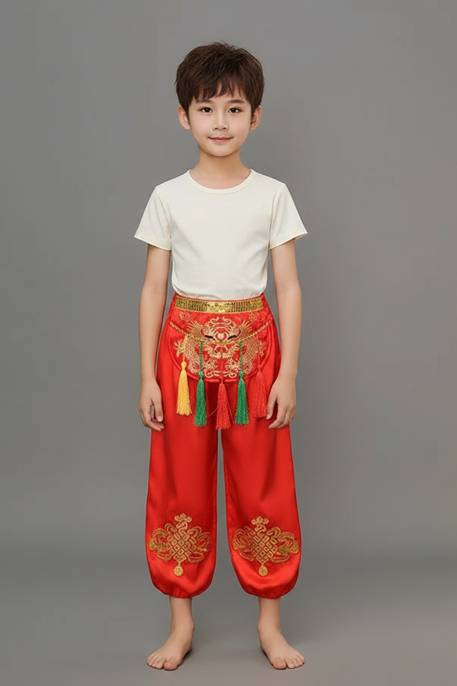 Pantalon Chinois Rouge Brodé Satiné Ample Enfant