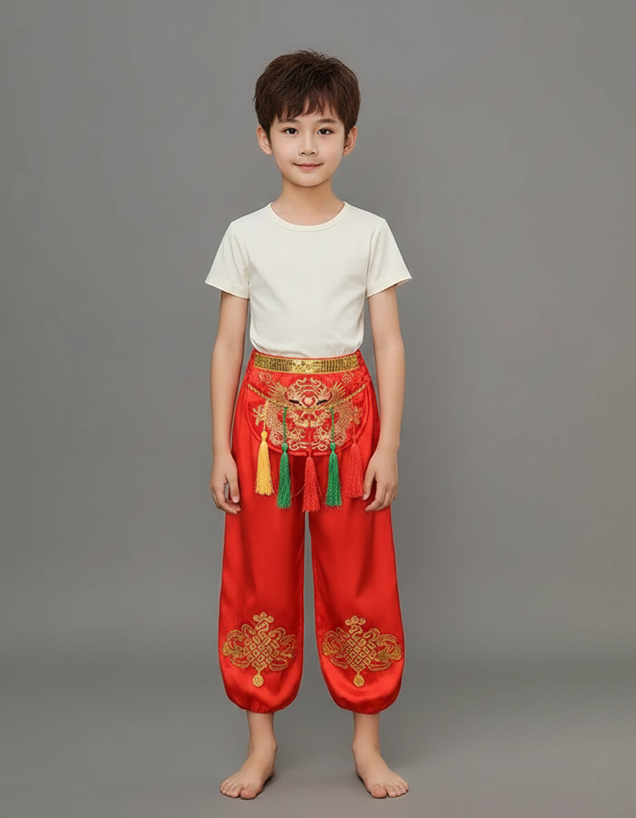 Pantalon Chinois Rouge Brodé Satiné Ample Enfant