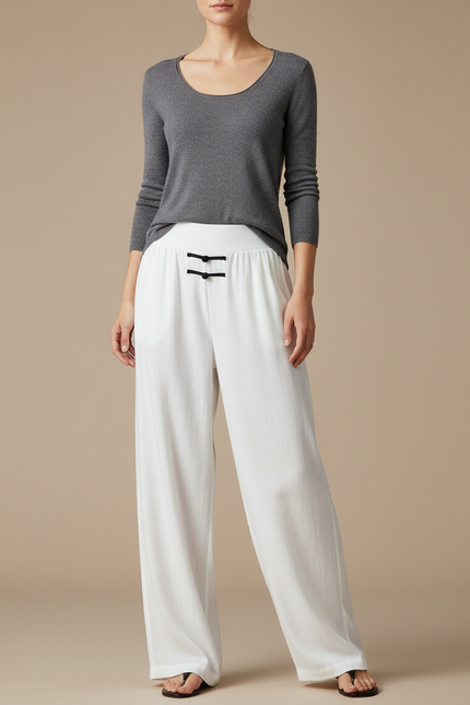 Pantalon Chinois Blanc Fluide Ample Décontracté Femme - Lin
