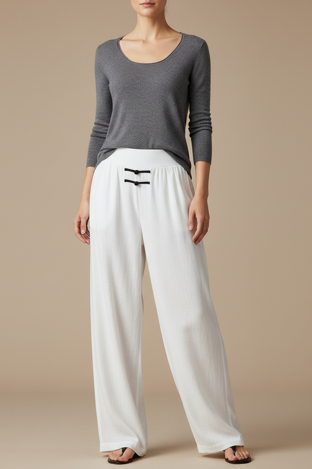 Pantalon Chinois Blanc Fluide Ample Décontracté Femme - Lin
