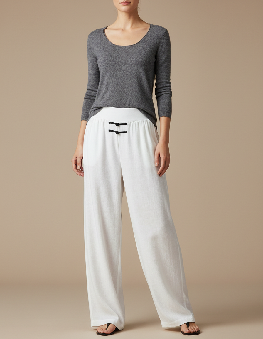 Pantalon Chinois Blanc Fluide Ample Décontracté Femme - Lin