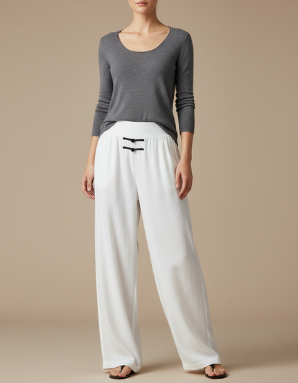 Pantalon Chinois Blanc Fluide Ample Décontracté Femme - Lin