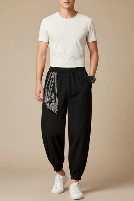 Pantalon Chinois Noir Brodé Harem Coton Homme - Lin
