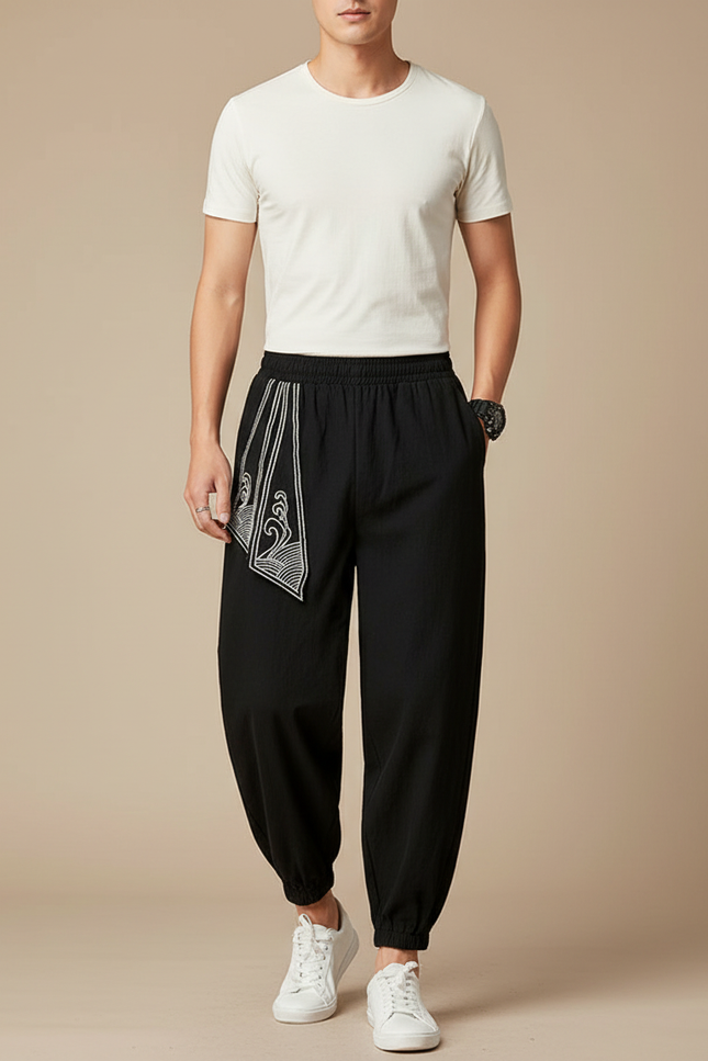 Pantalon Chinois Noir Brodé Harem Coton Homme - Lin