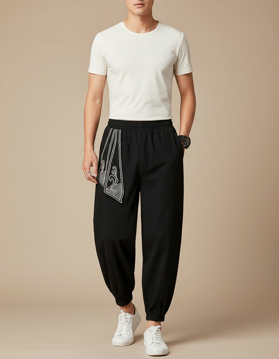 Pantalon Chinois Noir Brodé Harem Coton Homme - Lin