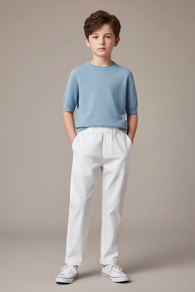 Pantalon Chinois Blanc Coton Ample Garçon Décontracté