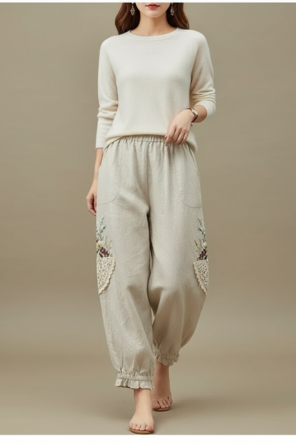 Pantalon Chinois Lin Ample Brodé Ethnique Estival - Beige