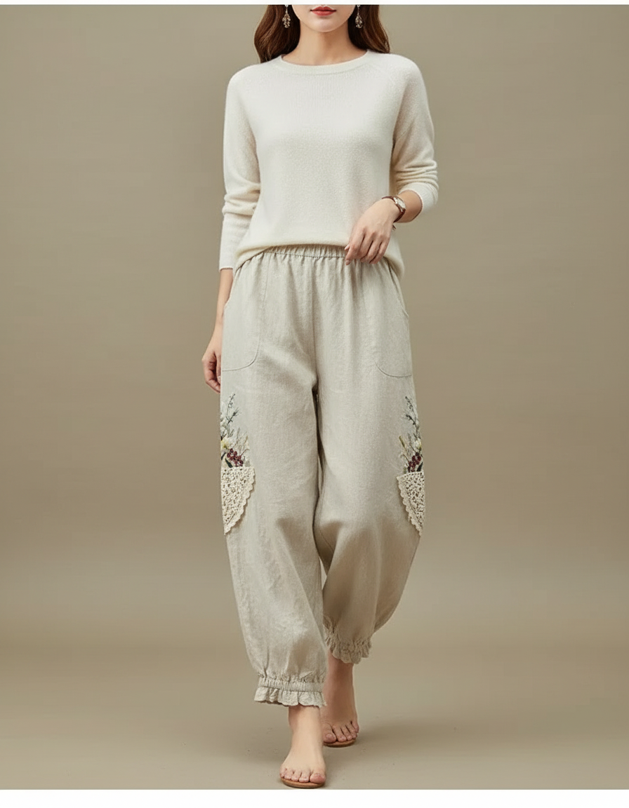 Pantalon Chinois Lin Ample Brodé Ethnique Estival - Beige