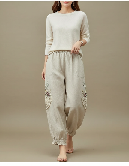 Pantalon Chinois Lin Ample Brodé Ethnique Estival - Beige