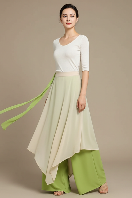 Pantalon Chinois Fluide Ample Vert Asymétrique Femme - Polyester