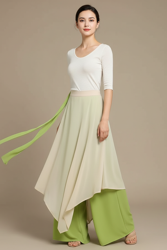 Pantalon Chinois Fluide Ample Vert Asymétrique Femme - Polyester