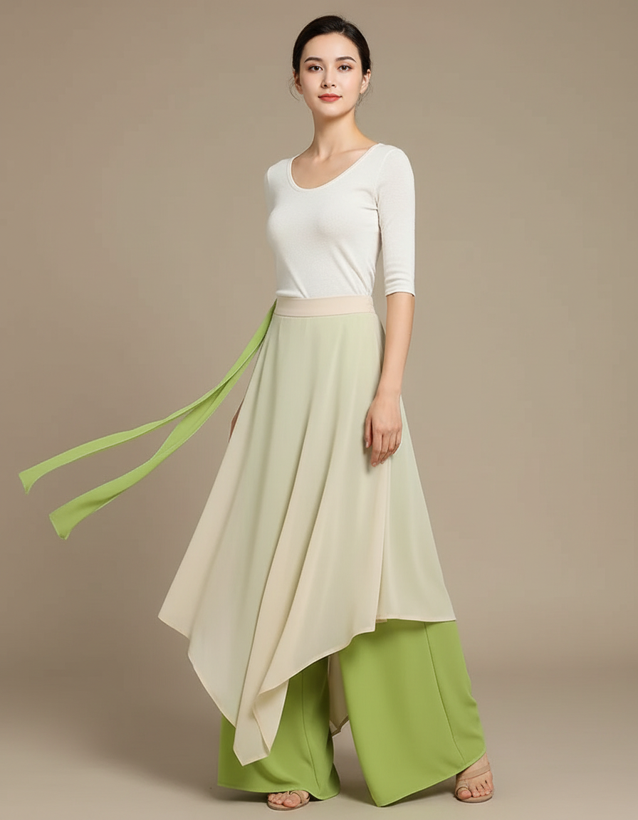 Pantalon Chinois Fluide Ample Vert Asymétrique Femme - Polyester