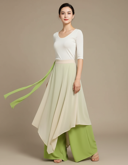 Pantalon Chinois Fluide Ample Vert Asymétrique Femme - Polyester