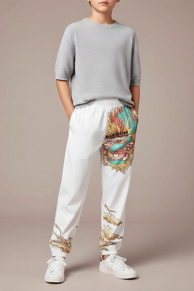 Pantalon Chinois Blanc Dragon Streetwear Garçon - Molleton