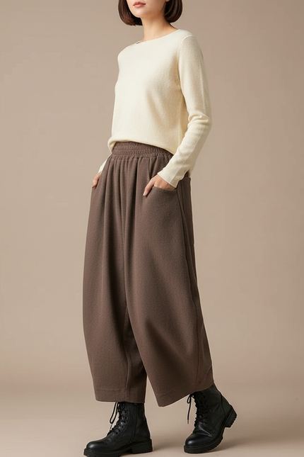 Pantalon Chinois Marron Ample Coton Taille Haute Décontracté - Molleton