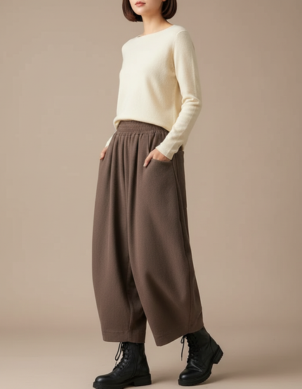 Pantalon Chinois Marron Ample Coton Taille Haute Décontracté - Molleton