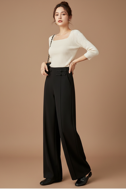 Pantalon Chinois Noir Ample Taille Haute Élégant - Polyester