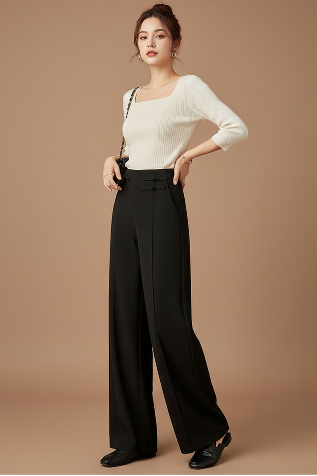 Pantalon Chinois Noir Ample Taille Haute Élégant - Polyester