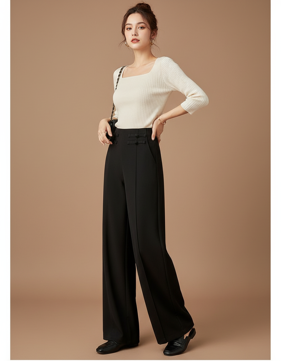 Pantalon Chinois Noir Ample Taille Haute Élégant - Polyester