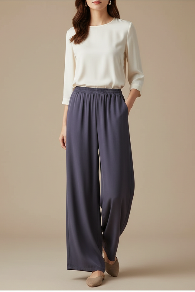 Pantalon Chinois Fluide Ample Gris Élégant Femme - Viscose