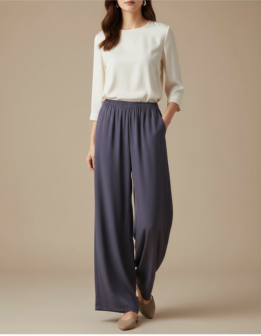 Pantalon Chinois Fluide Ample Gris Élégant Femme - Viscose