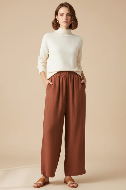 Pantalon Chinois Marron Ample Lin Coton Fluide Décontracté