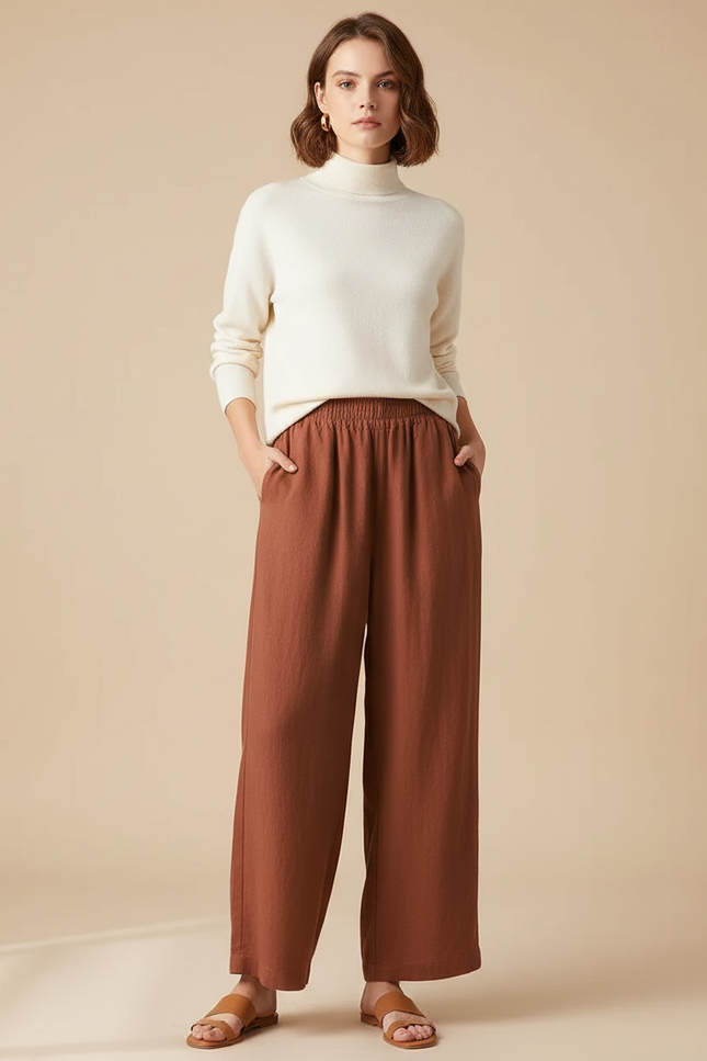 Pantalon Chinois Marron Ample Lin Coton Fluide Décontracté