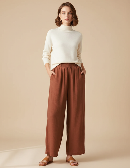 Pantalon Chinois Marron Ample Lin Coton Fluide Décontracté