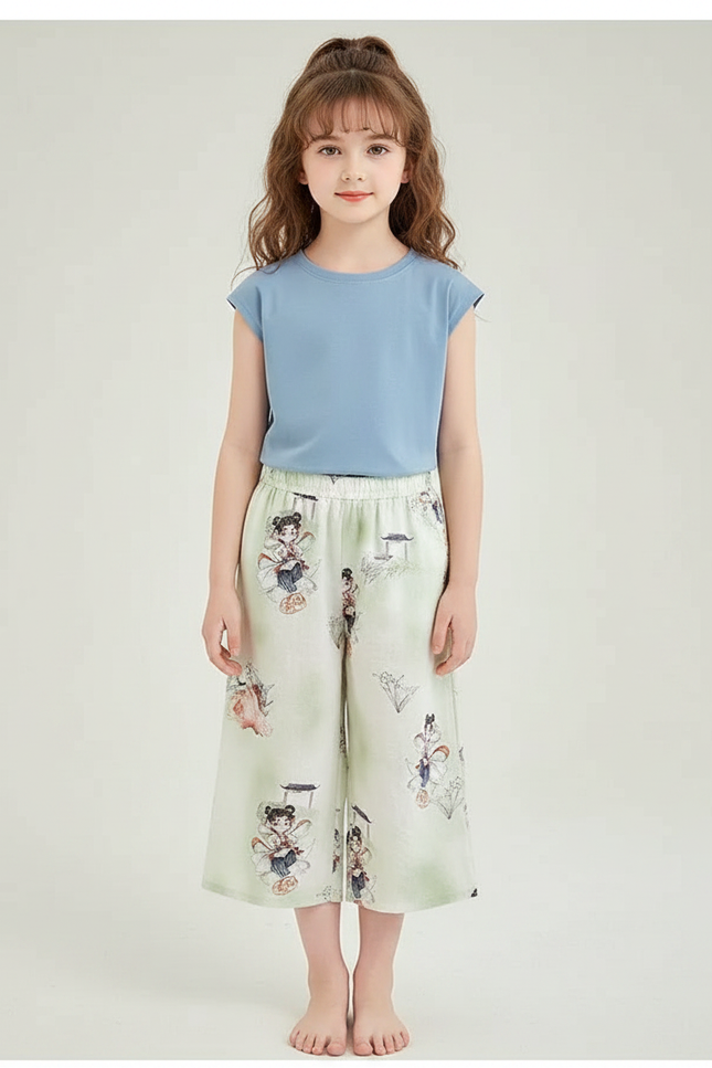 Pantalon Chinois Vert Clair Motif Fille Décontracté - Soie