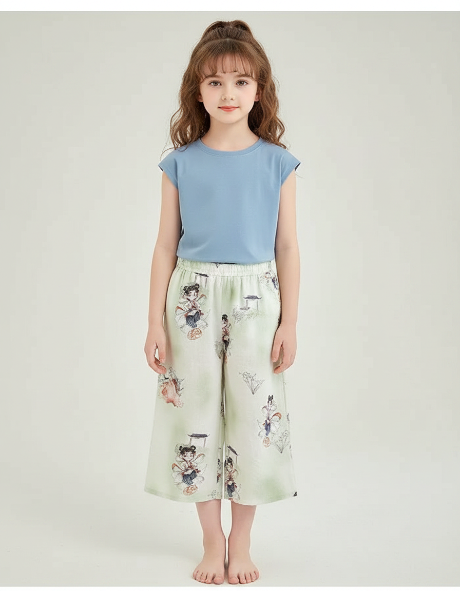 Pantalon Chinois Vert Clair Motif Fille Décontracté - Soie