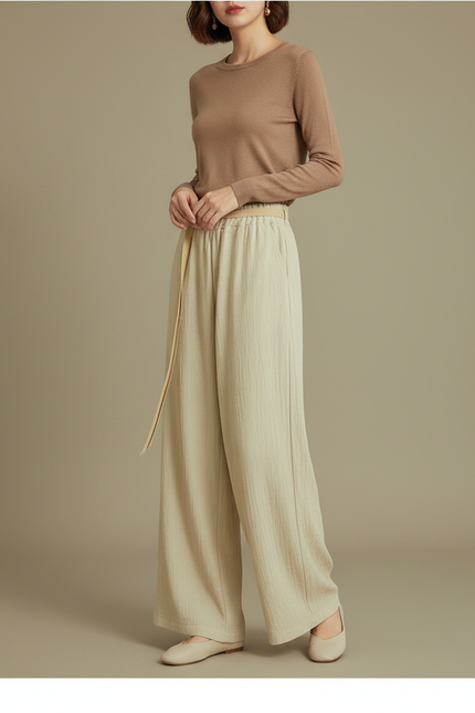 Pantalon Chinois Beige Fluide Ample Ceinturé Élégant - Lin