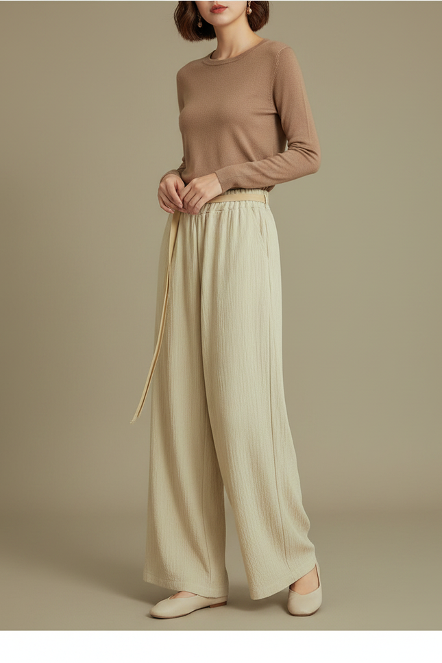 Pantalon Chinois Beige Fluide Ample Ceinturé Élégant - Lin