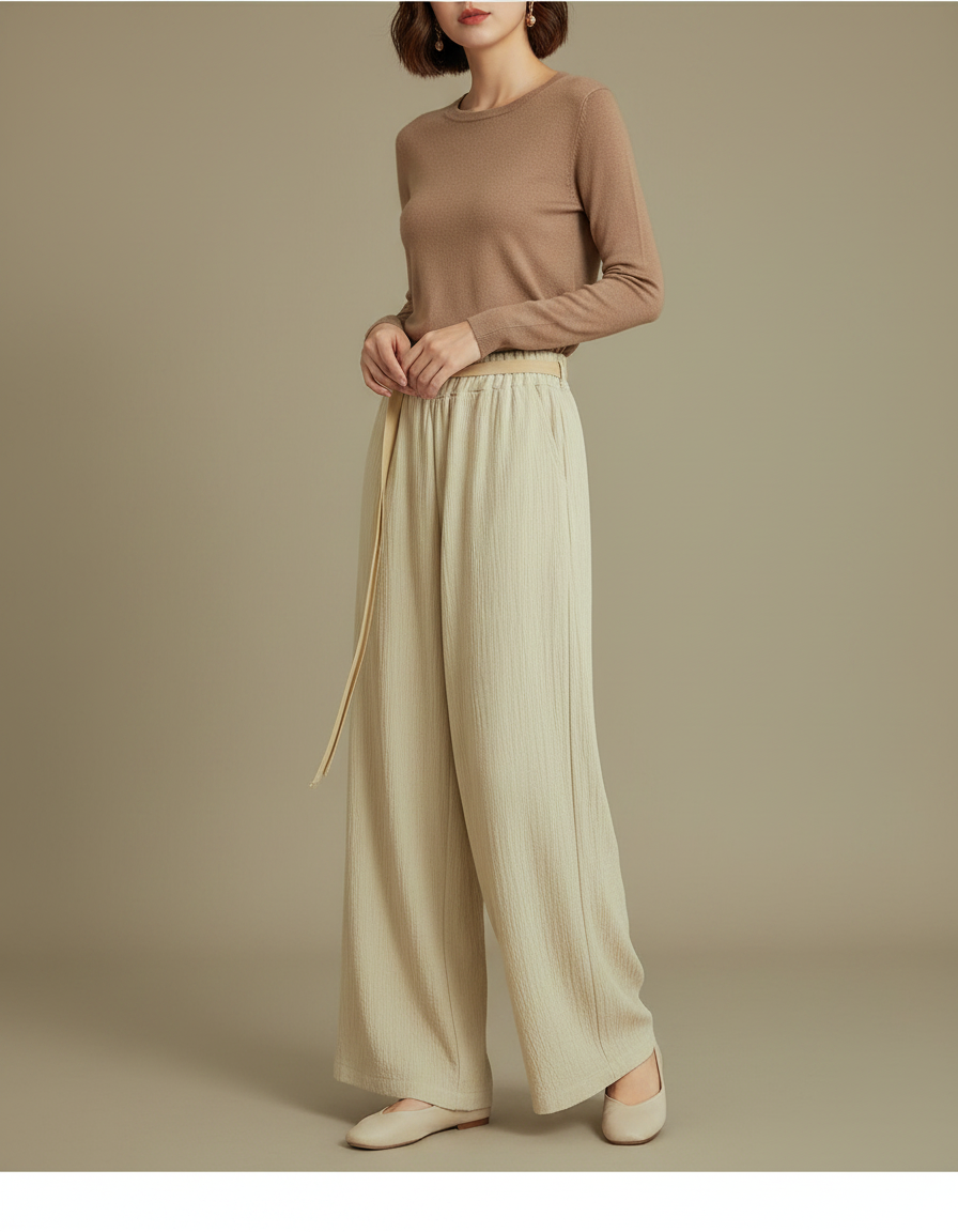Pantalon Chinois Beige Fluide Ample Ceinturé Élégant - Lin