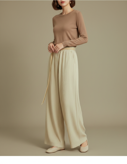 Pantalon Chinois Beige Fluide Ample Ceinturé Élégant - Lin