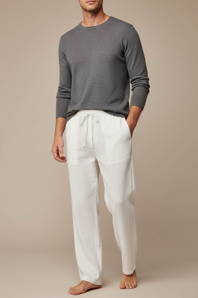 Pantalon Chinois Blanc Lin Décontracté Ample Homme