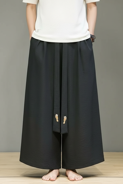 Pantalon Chinois Noir Ample Coton Tassels Décontracté