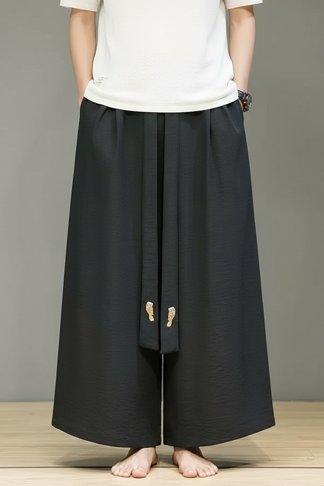 Pantalon Chinois Noir Ample Coton Tassels Décontracté