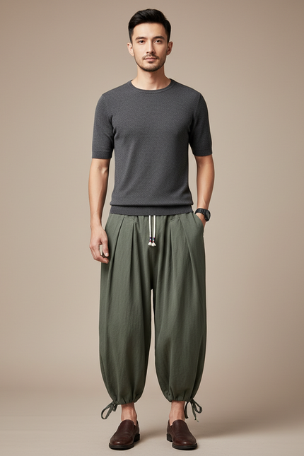 Pantalon Chinois Vert Armée Ample Coton Lin Homme - Kaki