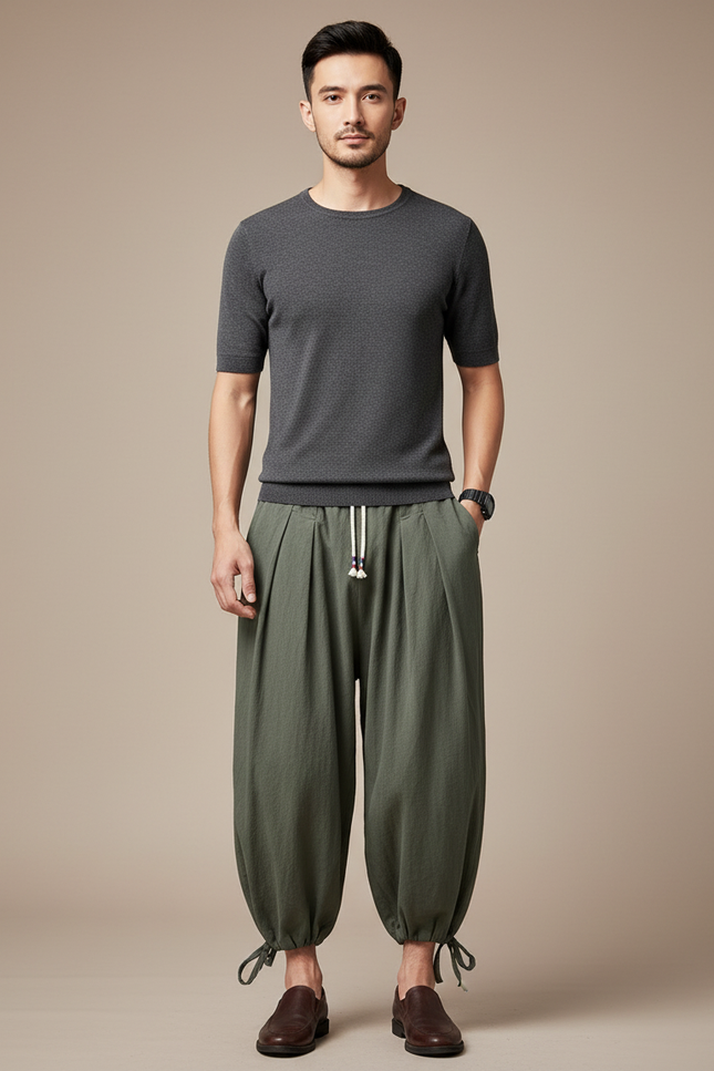 Pantalon Chinois Vert Armée Ample Coton Lin Homme - Kaki
