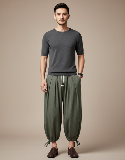 Pantalon Chinois Vert Armée Ample Coton Lin Homme - Kaki